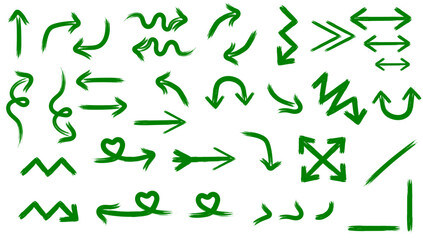 A collection of various green hand-drawn arrow icons and symbols on a white background.