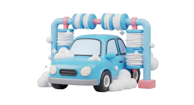 3D Car Wash Scene with Foamy Soap and Bubbles Clean Transportation Auto Detailing Fresh Finish on transparent background