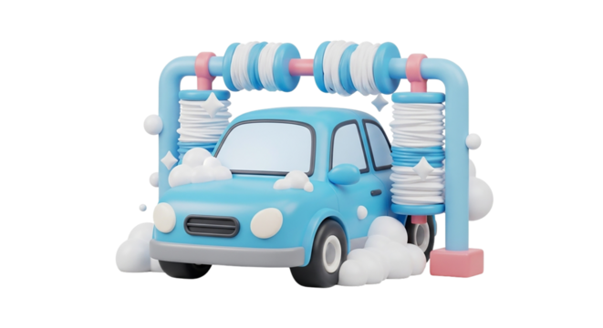 3D Car Wash Scene with Foamy Soap and Bubbles Clean Transportation Auto Detailing Fresh Finish on transparent background