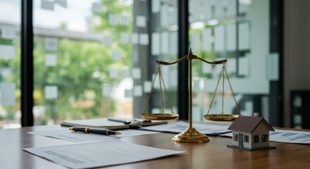 Scales of justice and a small house on a desk with documents.