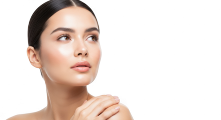 A woman with smooth, glowing skin and dark hair, looking thoughtfully to the side isolated on transparent background