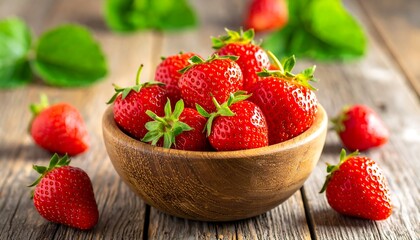 Fresh strawberries in a wooden bowl on a rustic table (1)