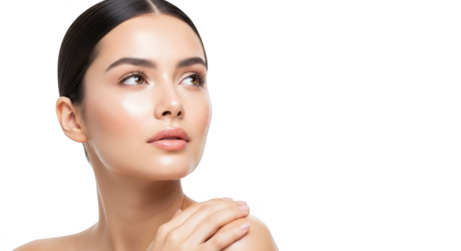 A woman with smooth, glowing skin and dark hair, looking thoughtfully to the side isolated on transparent background