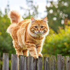 Ginger cat on a wooden fence in a garden
