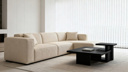 Modern Minimalist White Sofa Living Room with Black Chair and Fireplace