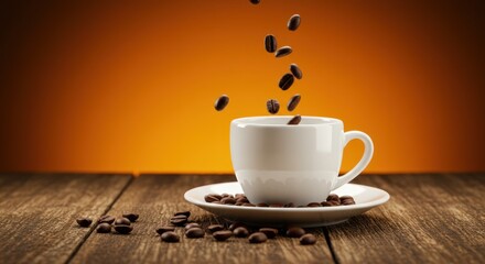 Coffee beans falling into a white cup on a wooden surface against orange background.
