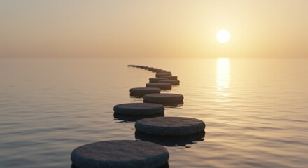 Stepping stones lead across water towards a bright sun on the horizon.