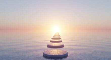 Stairway leading to bright light over water horizon conceptual spiritual journey.