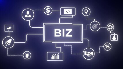 Glowing industrial lettering of the word biz in sketch style. Glowing neon background, Motion graphics of "BIZ" concept. 4k - Powered by Adobe