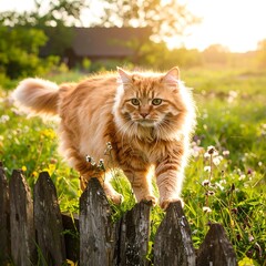 Ginger cat on rustic fence
