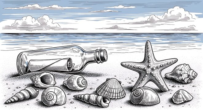 Seascape with message in bottle alongside seashells and starfish on sandy beach