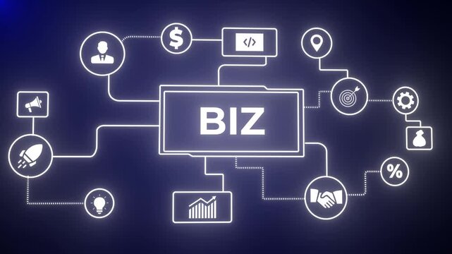Glowing industrial lettering of the word biz in sketch style. Glowing neon background, Motion graphics of "BIZ" concept. 4k