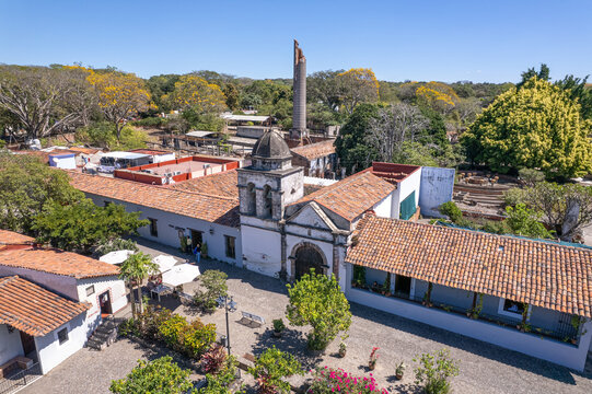 Aerial view University Museum Alejandro Rangel Hidalgo, Old colonial church in the town of nogueras, ex hacienda of the Rangel family. Nogueras, Comala, Colima, June 24, 2024. Chapel of Nogueras