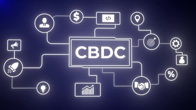 CBDC Central Bank Digital Currency Concept, Glowing neon background, Motion graphics of "CBDC" concept. 4k
