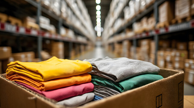 Wide angle shot of a warehouse aisle filled with neatly stacked boxes and colorful folded clothing in a cardboard box, showcasing organized storage and inventory management
