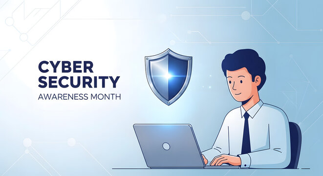 Cybersecurity Awareness Month promotion with digital security shield and worker on laptop, safeguard data online, protect information with vigilance