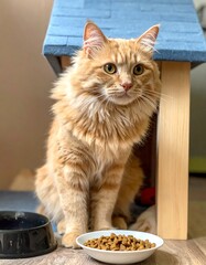 Ginger cat sitting in a small house-shaped cat bed with food bowl