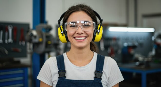 Woman wearing safety glasses and earmuffs smiles in a workshop environment. - Powered by Adobe