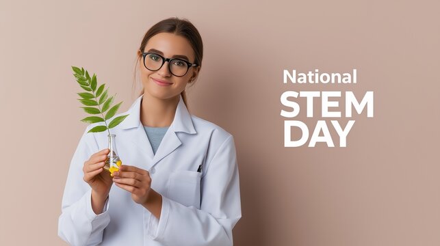 Young female scientist holding a test tube and leaf for STEM Day