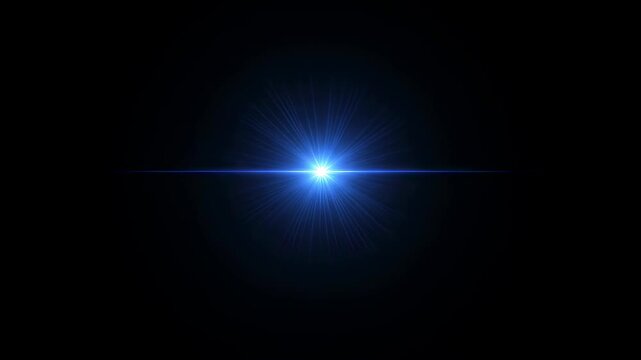 Blue light lens flare animation with horizontal light and radial beams on a dark background for cinematic effects