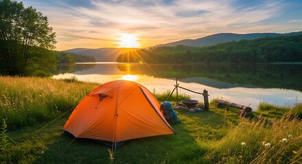 Serene Lakeside Camping at Sunset with Tent and Tranquil Reflections