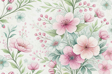 A delicate watercolor floral arrangement with soft pink flowers and leaves, featuring a grainy, noisy effect