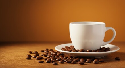White cup on saucer with coffee beans on wooden surface against brown background.