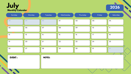 July 2026 Calendar Printable Monthly Planner with Notes