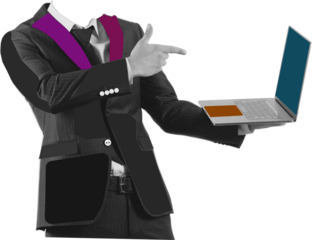 Businessman hold a laptop with a white screen. Art collage.