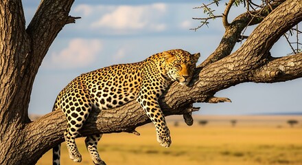 Serene Leopard Lounging in an African Tree Branch on a Sunny Day