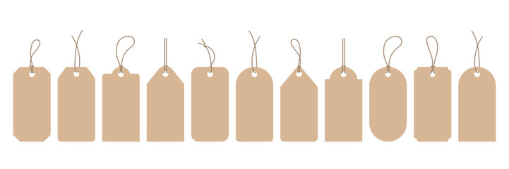 Set of brown cardboard price tags with string. Empty Paper label design set for DIY. Eco packaging tag vector pack. Rustic kraft labels for handmade product