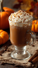 Close up of pumpkin spice latte topped with whipped cream, surrounded by autumn decor and pumpkins, showcasing seasonal flavors and cozy atmosphere