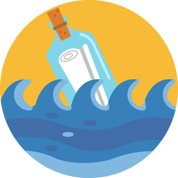 A bottle floating on water, containing a rolled-up note or letter.