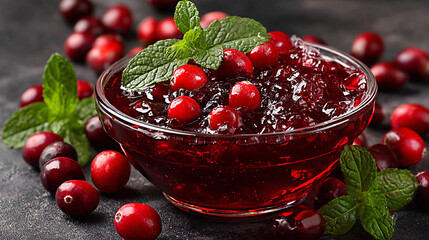 Cranberry sauce in glass bowl garnished with fresh cranberries and mint leaves, surrounded by scattered cranberries, showcasing vibrant colors and rich textures for festive occasions