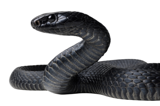 Close-up of a black snake with textured scales, isolated on a transparent background. background removed