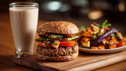 Power-Packed Healthy Beef Quinoa Burger with Roasted Veggies and Protein Smoothie