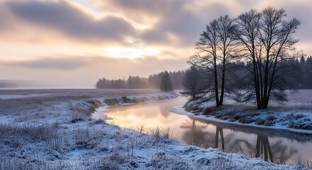 Serene winter landscape with a gently flowing river at misty dawn