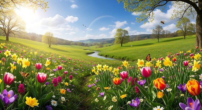 Radiant spring meadow blooming with wildflowers and a gentle stream landscape