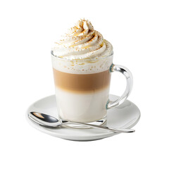Elegant layered coffee drink with whipped cream served in a clear glass mug on a white saucer garnished with dusting