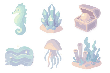 Mythical Seahorse Fantasy. Isometric vector illustration set Mythical seahorse fantasy: glowing seahorse, crystal coral, pearl