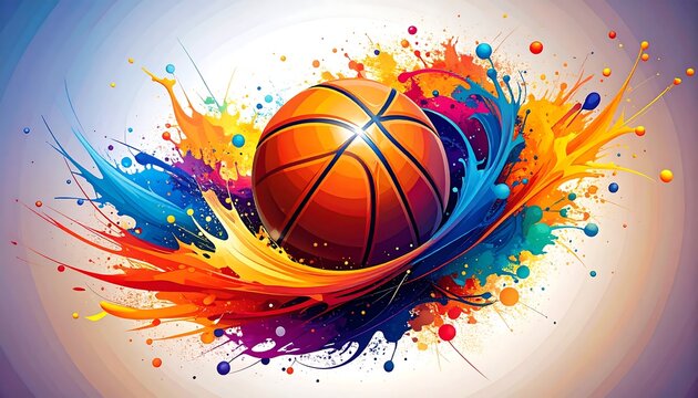 Colorful basketball in vibrant splashes