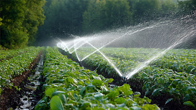 Organic farm field featuring lush green crops and an advanced irrigation system, showcasing the beauty of sustainable agriculture and efficient water management practices