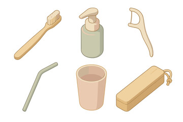 Eco Dental Care Essentials. Isometric vector illustration set Zero plastic dental care: bamboo toothbrush biodegradable handle,