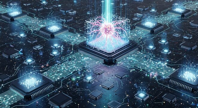 Quantum processor executing code, complex circuitry, modern technology