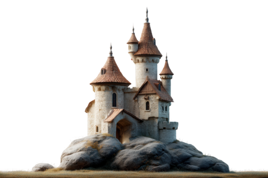 Medieval castle with turrets on rocky hill under clear sky, cut out