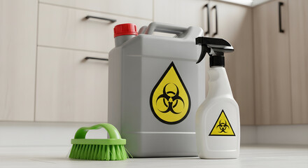 Hazardous waste disposal and cleaning supplies in a kitchen setting