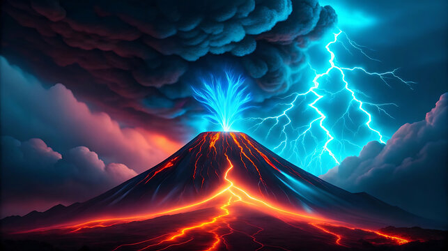 Volcano erupting with neon blue lightning and lava