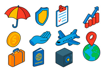 Travel Insurance Icons. Isometric vector illustration set Travel Insurance: umbrella, shield, claim form, upward trend chart, gold