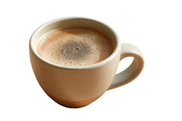 Creamy cup of freshly brewed coffee with foam on black background, cut out