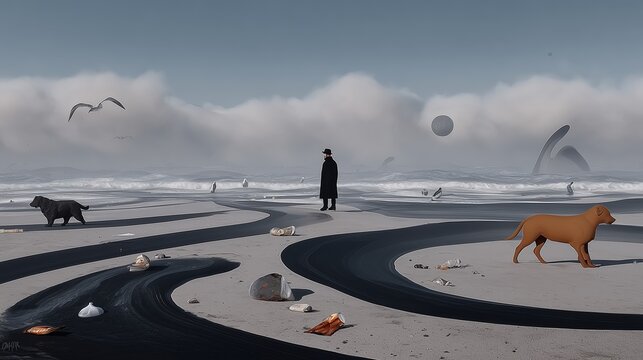 Surreal digital art of man with dogs on polluted futuristic beach with trash and abstract sky